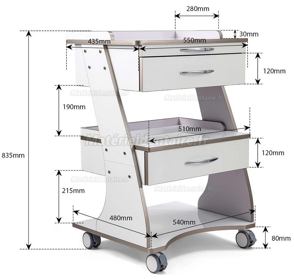 Chariot dentaire mobile Dentech G06, Meuble de rangement dentaire avec plateau pour instruments